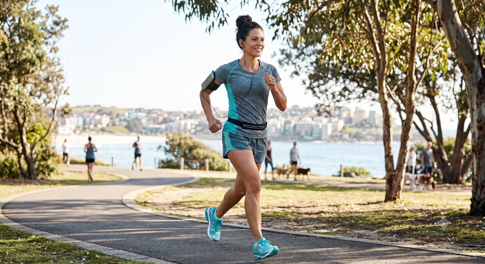fit woman running in a park, listening to music